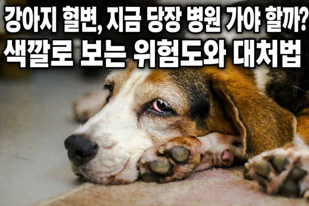 강아지가 힘없이 엎드려 있는 모습, 혈변 등 건강 이상이 의심되는 상황