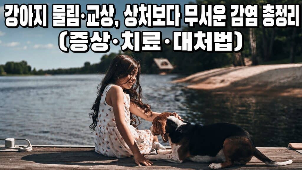 물가에 앉아 강아지와 함께 있는 사람 - 개물림·교상 감염 주의와 예방 안내