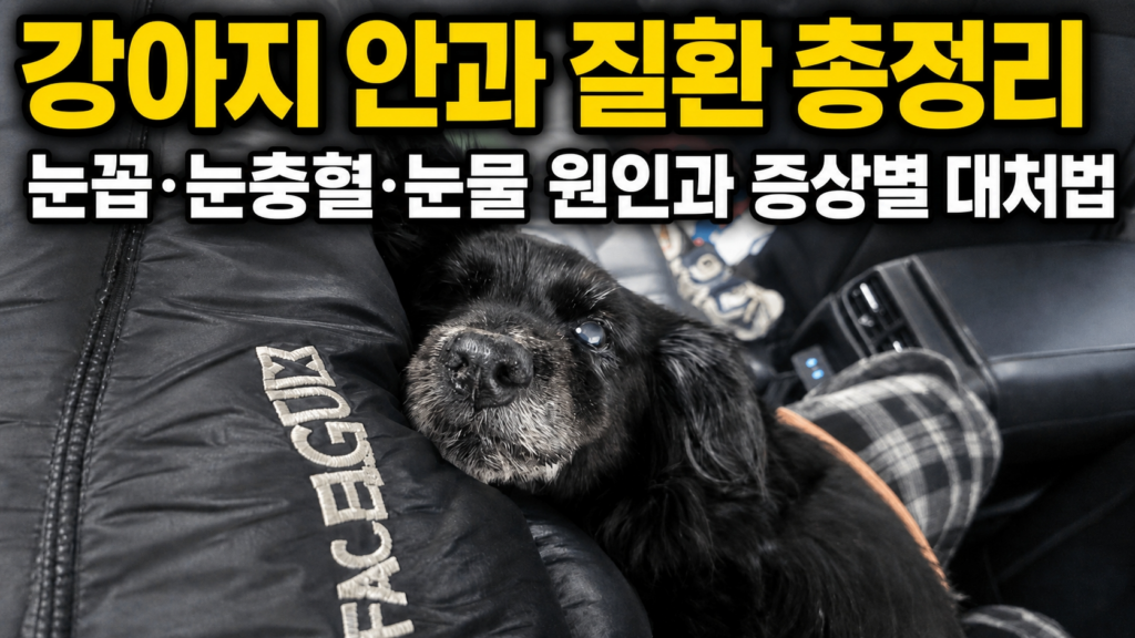안과 진료를 마치고 집으로 돌아온 반려견 깜순이 — 강아지 안과 질환 눈꼽·눈충혈·눈물 원인과 증상별 대처법 총정리