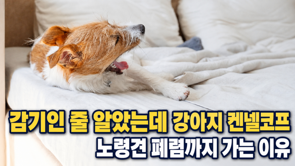 소파 위에서 힘없이 누워 있는 갈색 강아지 - 켄넬코프 초기 증상과 노령견에서 폐렴으로 진행되는 이유를 설명하는 대표 이미지