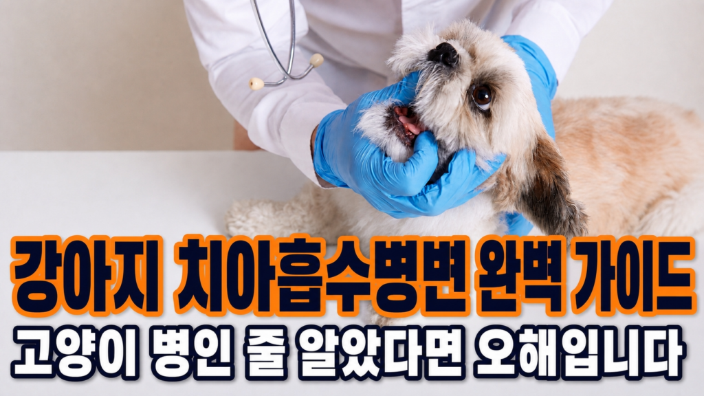 강아지 치아흡수병변을 진단하기 위해 수의사가 강아지 입안을 검진하는 모습