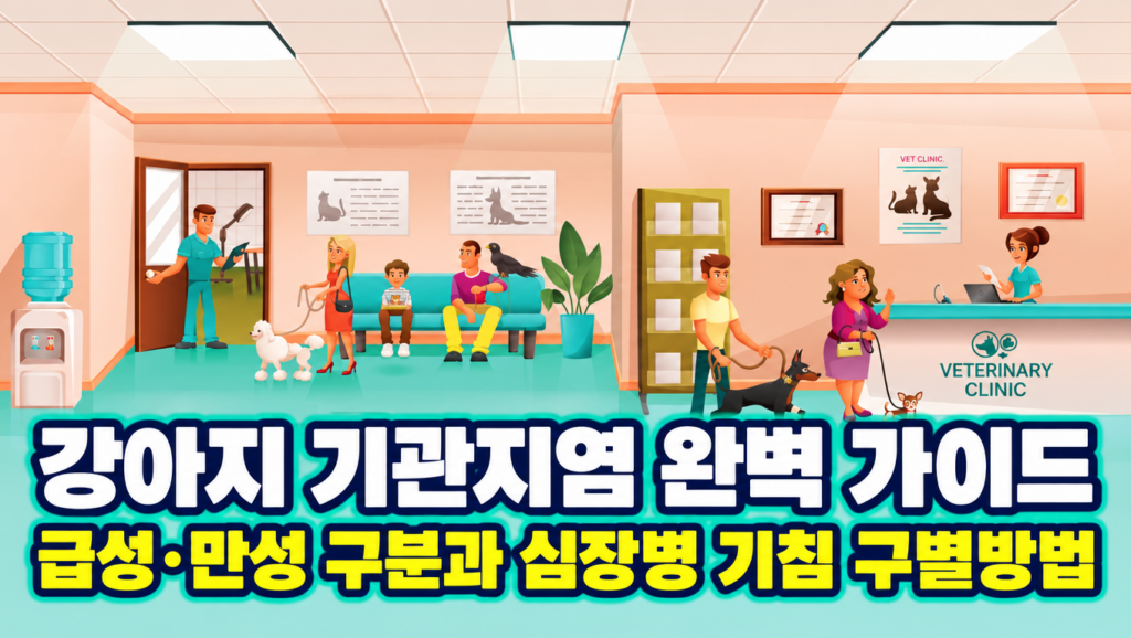 강아지 기관지염 완벽 가이드 썸네일 - 환절기 동물병원 대기실에서 진료를 기다리는 포메라니안 말티즈 시츄 코카스패니얼 등 소형견들과 보호자들